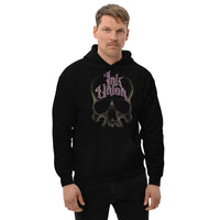 An attractive man wearing a black hoodie adorned with a gold dot work human skull and the words Ink Union in fancy gold and purple lettering across the forehead of the skull.