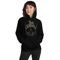An attractive woman wearing a black hoodie adorned with a gold dot work human skull and the words Ink Union in fancy gold and black lettering across the forehead of the skull.