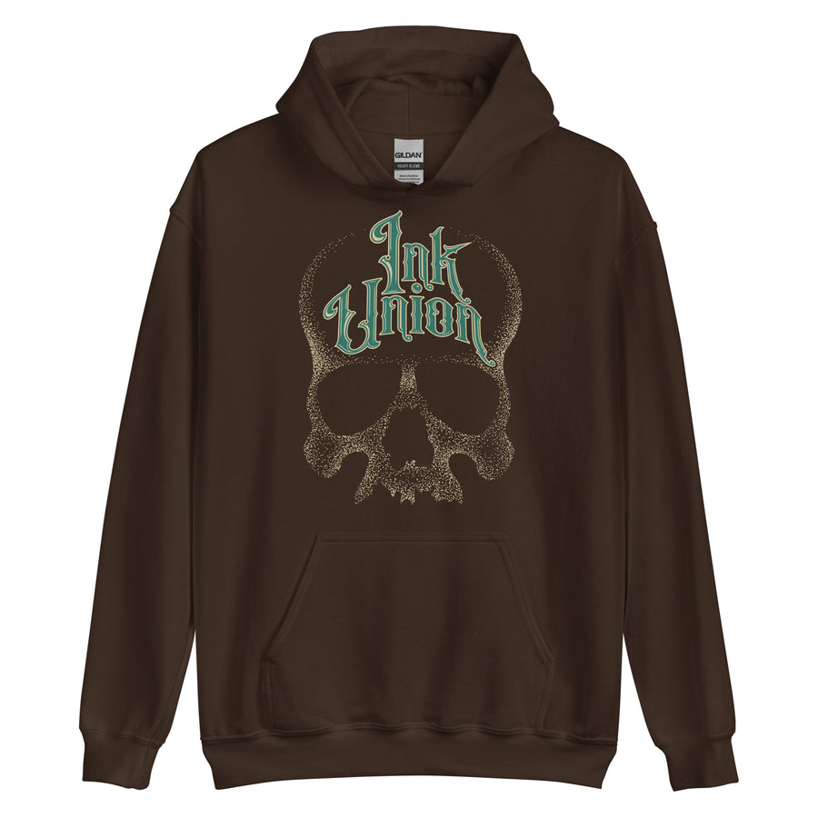 A dark brown hoodie adorned with a gold dot work human skull and the words Ink Union in fancy gold and green lettering across the forehead of the skull.