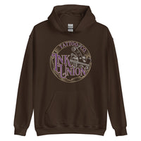  A dark brown hoodie adorned with the Ink Union Tattoo Co.  purple and gold with a silver tattoo machine logo.