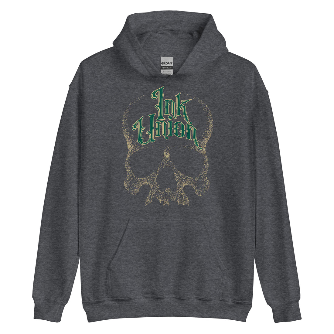 A dark grey hoodie adorned with a gold dot work human skull and the words Ink Union in fancy gold and green lettering across the forehead of the skull.