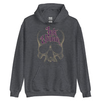 A dark grey hoodie adorned with a gold dot work human skull and the words Ink Union in fancy gold and purple lettering across the forehead of the skull.
