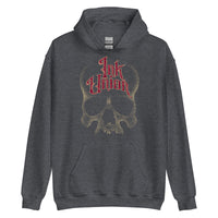 A dark grey hoodie adorned with a gold dot work human skull and the words Ink Union in fancy gold and red lettering across the forehead of the skull.