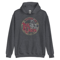 A dark grey hoodie adorned with the Ink Union Tattoo Co. red and gold with a silver tattoo machine logo.