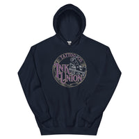 Navy Ink Union Tattoo Co. purple script tattoo machine hoodie — front flat lay