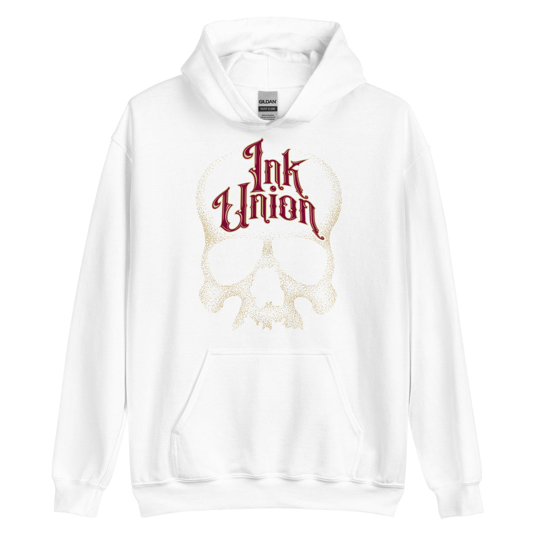 A white hoodie adorned with a gold dot work human skull and the words Ink Union in fancy gold and red lettering across the forehead of the skull.