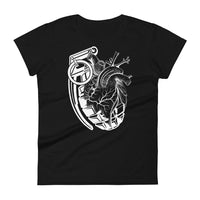 A black t-shirt with a white grenade that is partially morphed into an anatomical heart.