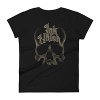 A black t-shirt with a gold dot work human skull and the words Ink Union in fancy gold and black lettering across the forehead of the skull.