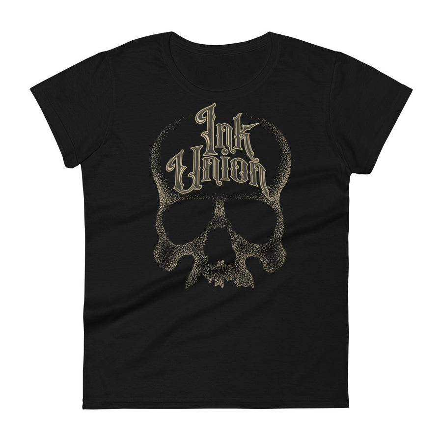 A black t-shirt with a gold dot work human skull and the words Ink Union in fancy gold and black lettering across the forehead of the skull.