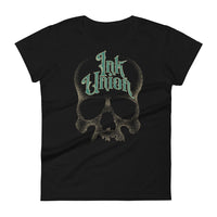 A black t-shirt  adorned with a gold dot work human skull and the words Ink Union in fancy gold and green lettering across the forehead of the skull.