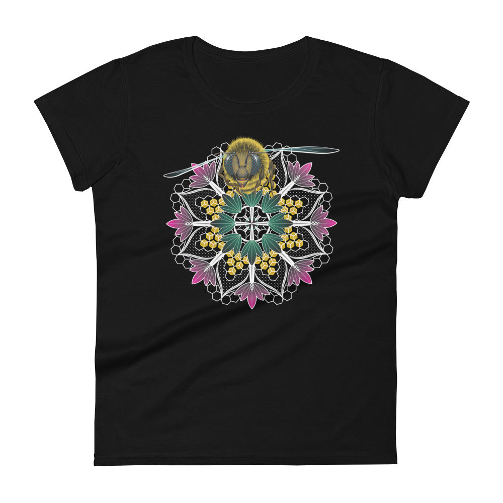 A black t-shirt with a mandala containing pink lotus flowers and honeycomb designs and a life-like honeybee flying toward you at the top of the mandala.