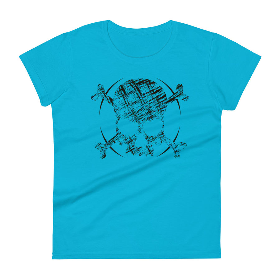 A blue t-shirt adorned with a roughly cross-hatched skull and crossbones in black.  Solid black arcs give the image the impression of movement towards the end of the crossbones.