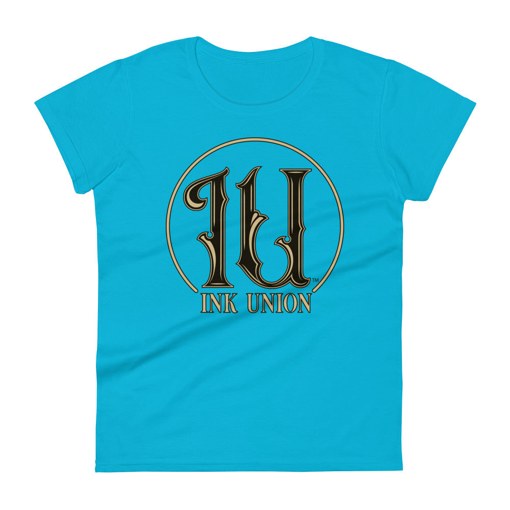 Ink Union Clothing Co. light blue t-shirt featuring the Ink Union ring logo in black and gold.
