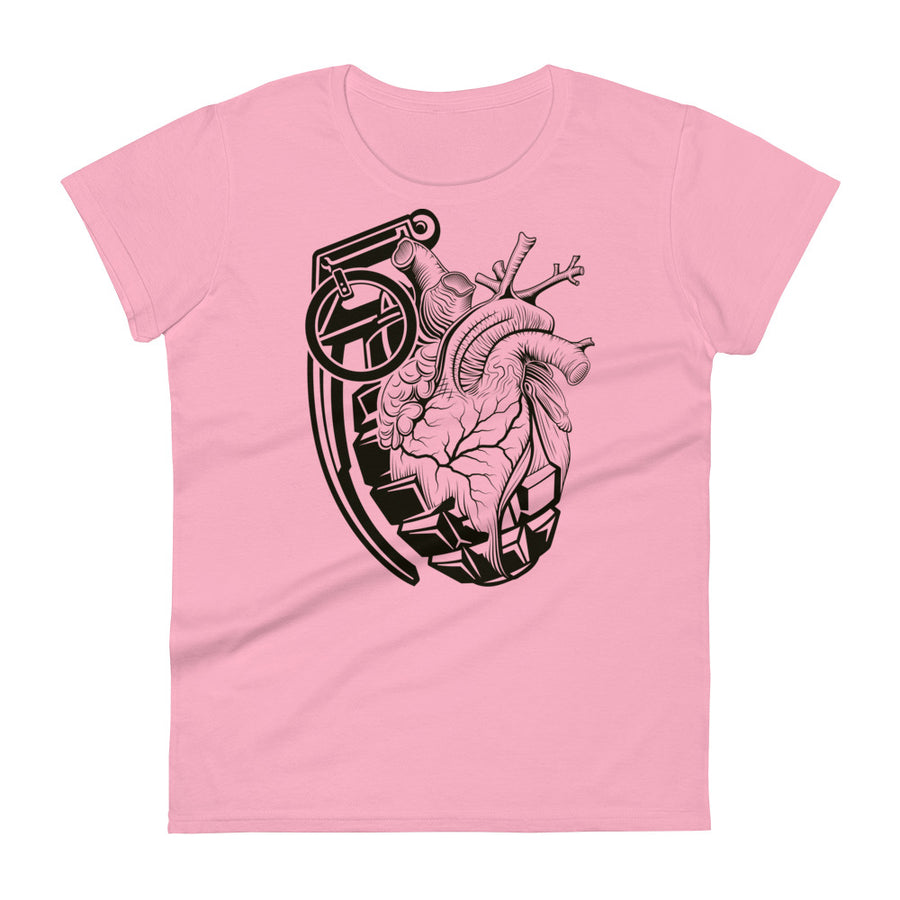A pink t-shirt with a black grenade morphing into an anatomical heart.