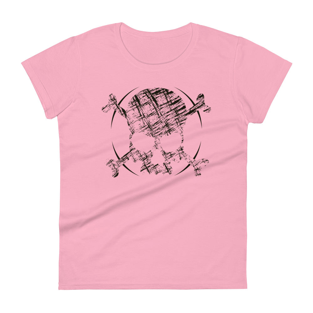 A pink t-shirt adorned with a roughly cross-hatched skull and crossbones in black.  Solid black arcs give the image the impression of movement towards the end of the crossbones.