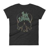  A dark grey t-shirt adorned with a gold dot work human skull  and the words Ink Union in fancy gold and green lettering across the forehead of the skull.