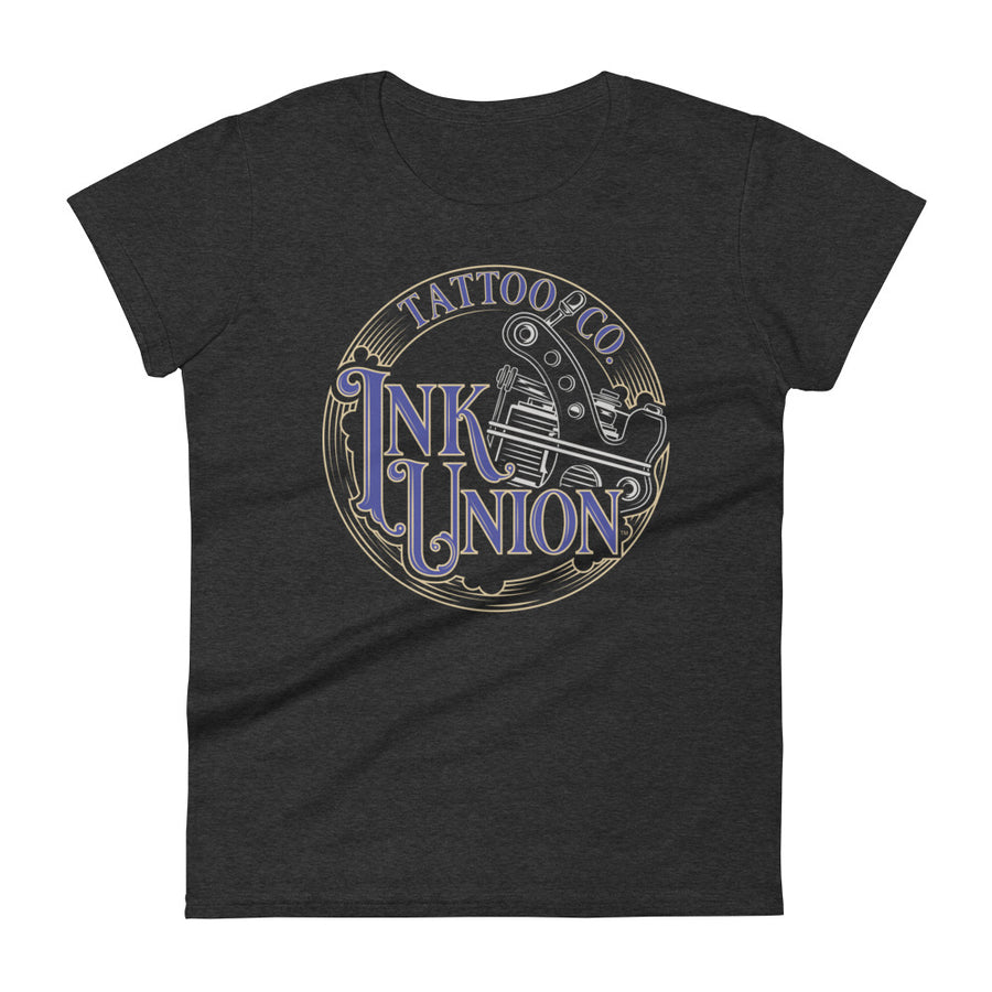 A dark grey t-shirt adorned with the Ink Union Tattoo Co. blue and gold with a silver tattoo machine logo.