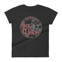 A dark grey t-shirt adorned with the Ink Union Tattoo Co. red and gold with a silver tattoo machine logo.
