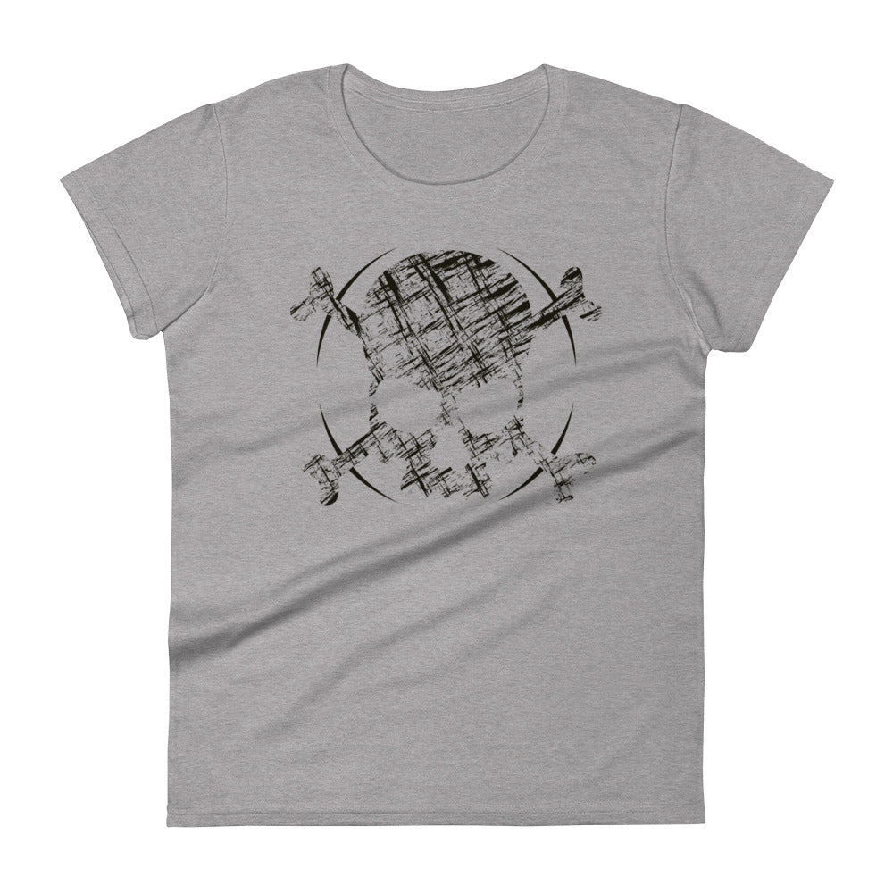A light grey t-shirt adorned with a roughly cross-hatched skull and crossbones in black.  Solid black arcs give the image the impression of movement towards the end of the crossbones.