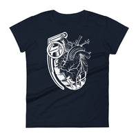 A navy t-shirt with a white grenade that is partially morphed into an anatomical heart.