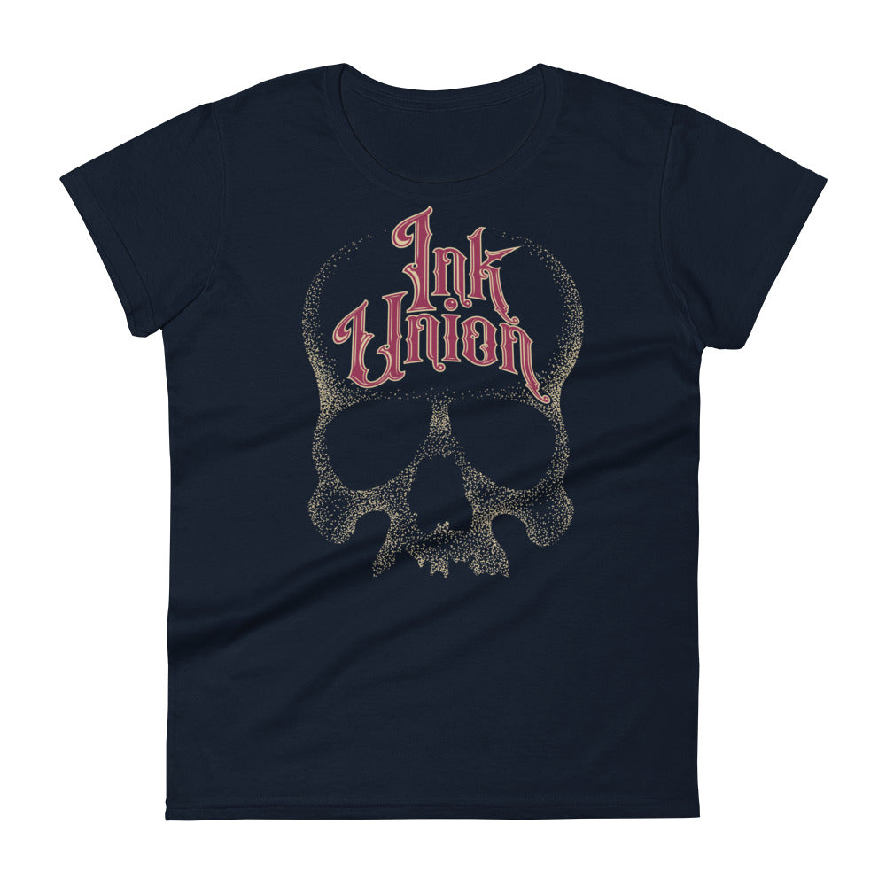 A navy t-shirt with a gold dot work human skull and the words Ink Union in fancy gold and red lettering across the forehead of the skull.