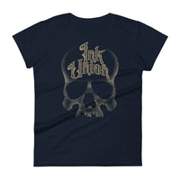A navy t-shirt with a gold dot work human skull and the words Ink Union in fancy gold and black lettering across the forehead of the skull.