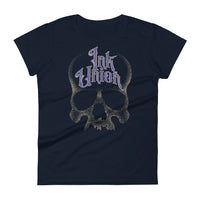 A Navy t-shirt background with a gold dot work human skull and the words Ink Union in fancy gold and blue lettering across the forehead of the skull.