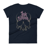 A navy t-shirt with a gold dot work human skull and the words Ink Union in fancy gold and purple lettering across the forehead of the skull.