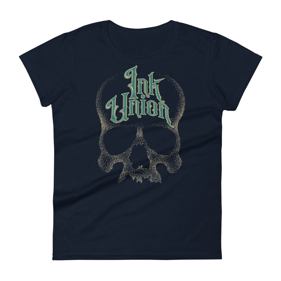 A navy blue t-shirt  adorned with a gold dot work human skull and the words Ink Union in fancy gold and green lettering across the forehead of the skull.