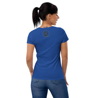 The rear view of an attractive woman wearing an Ink Union Clothing Co. royal blue t-shirt featuring the Ink Union ring logo in black and gold.