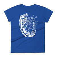 A blue t-shirt with a white grenade that is partially morphed into an anatomical heart.