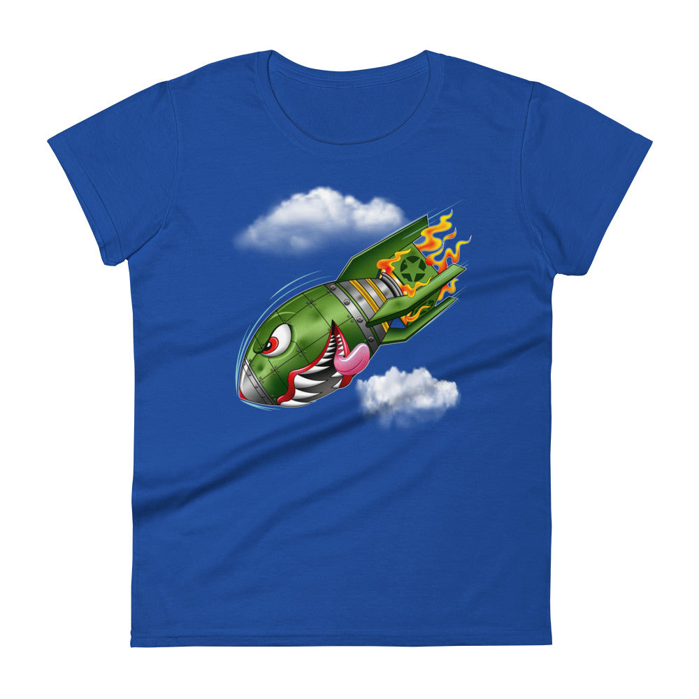 A royal blue t-shirt with a military green neo-traditional bomb tattoo design. The bomb is falling with a look of determination in its eyes, an evil toothy grin, and its tongue hanging out of its mouth. Flames are coming from the back of the bomb, and some clouds are in the background.