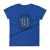 A  royal blue t-shirt with the Ink Union Clothing Co Badge logo in black and gold centered on the front of the shirt.