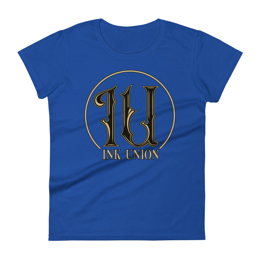 Ink Union Clothing Co. blue t-shirt featuring the Ink Union ring logo in black and gold.