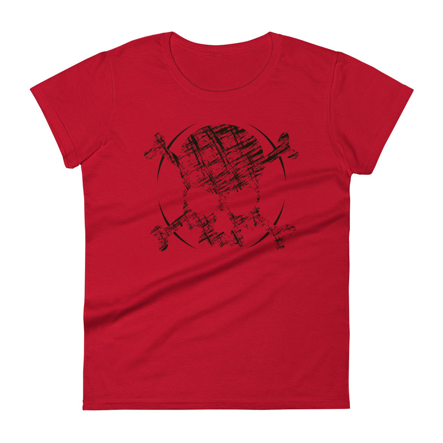 A red t-shirt adorned with a roughly cross-hatched skull and crossbones in black.  Solid black arcs give the image the impression of movement towards the end of the crossbones.