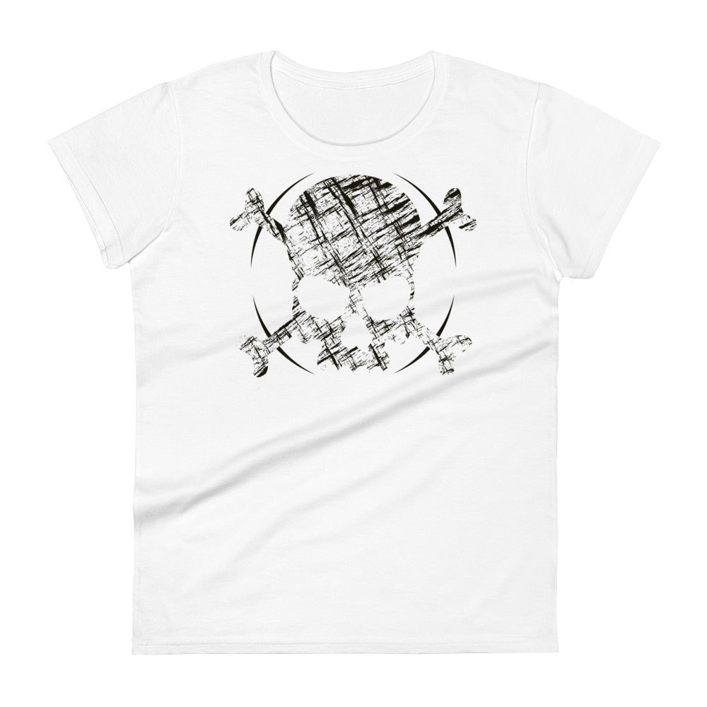 A white t-shirt with a roughly cross-hatched skull and crossbones in black.  Solid black arcs give the image the impression of movement towards the end of the crossbones.