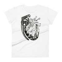 A white t-shirt with a black grenade morphing into an anatomical heart.