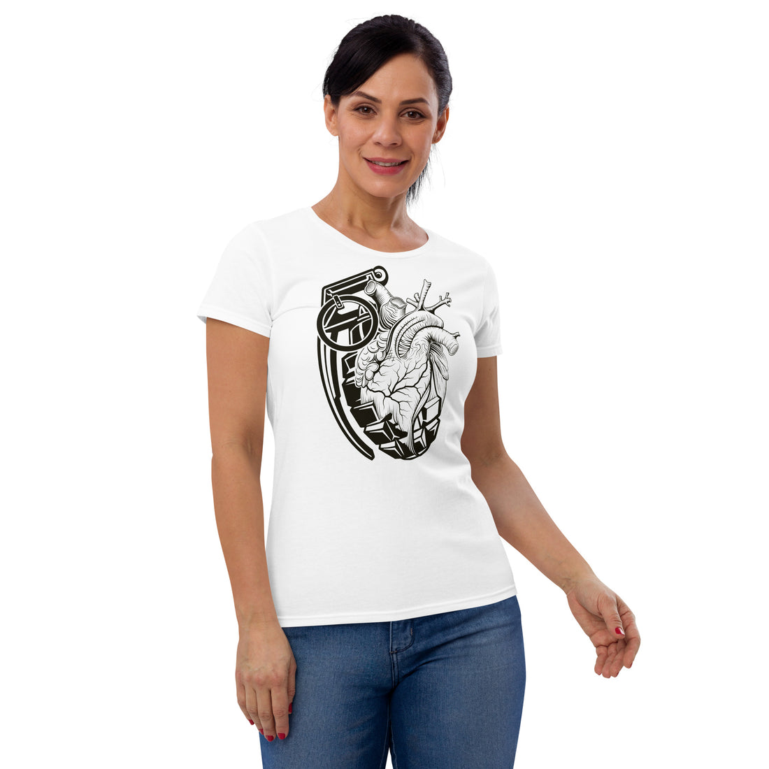 An attractive woman wearing a white t-shirt with a black grenade morphing into an anatomical heart.