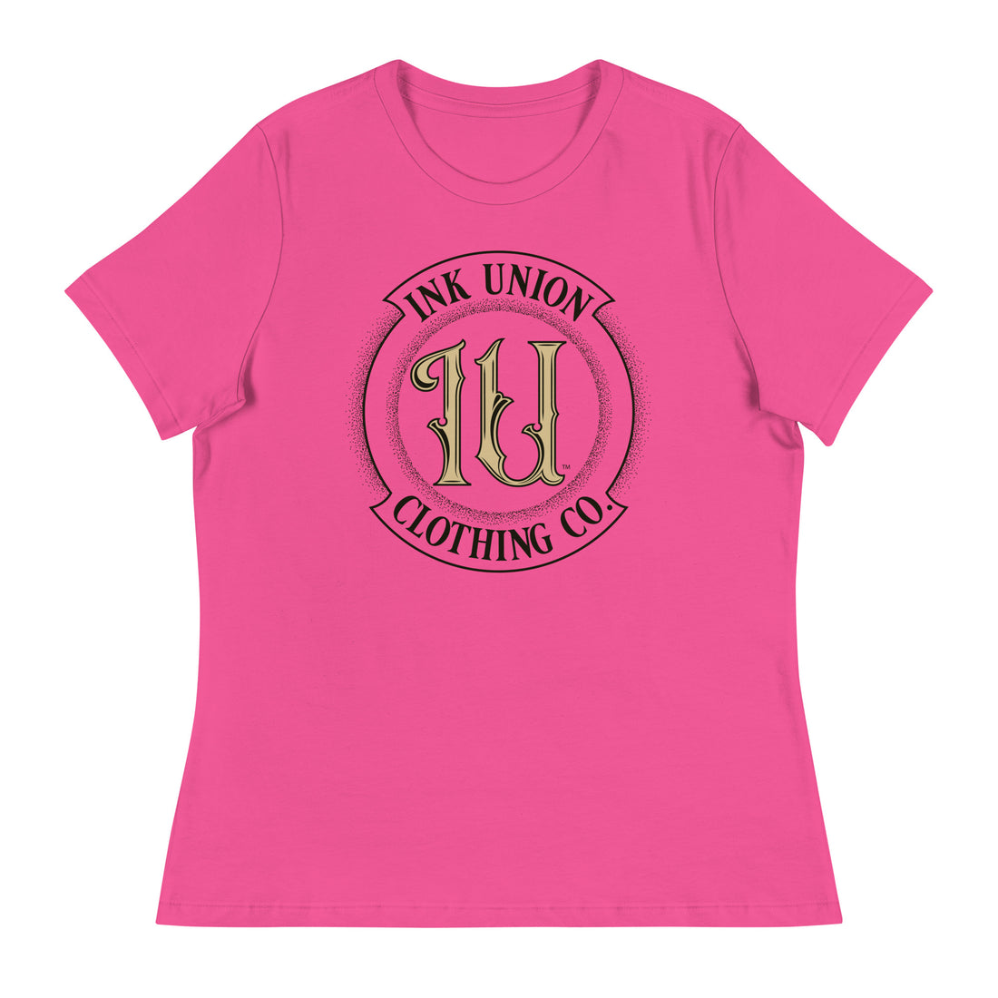 A pink t-shirt with the Ink Union Clothing Co Badge logo in black and gold centered on the front of the shirt.