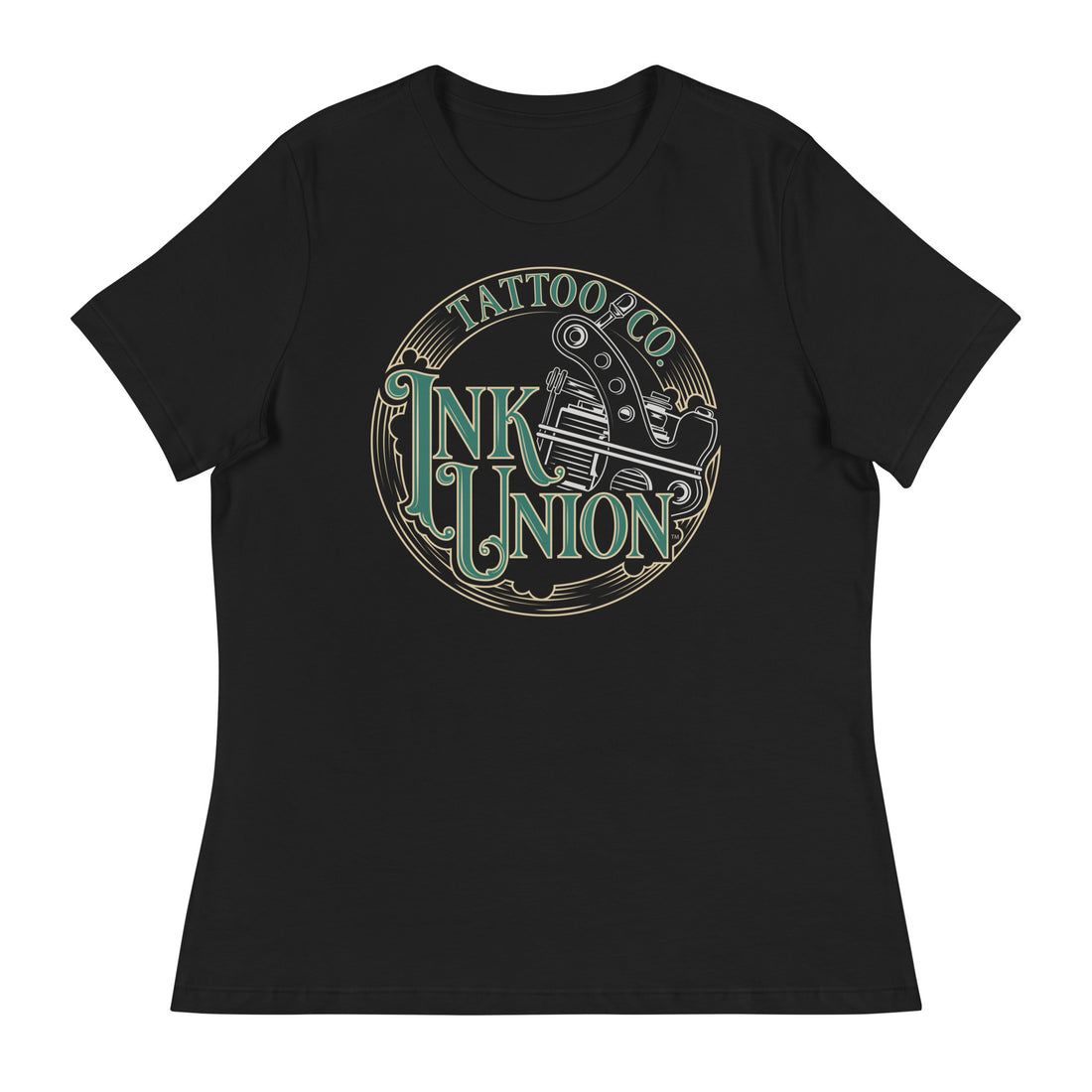 A black t-shirt adorned with the Ink Union Tattoo Co. green and gold with a Silver tattoo machine logo.