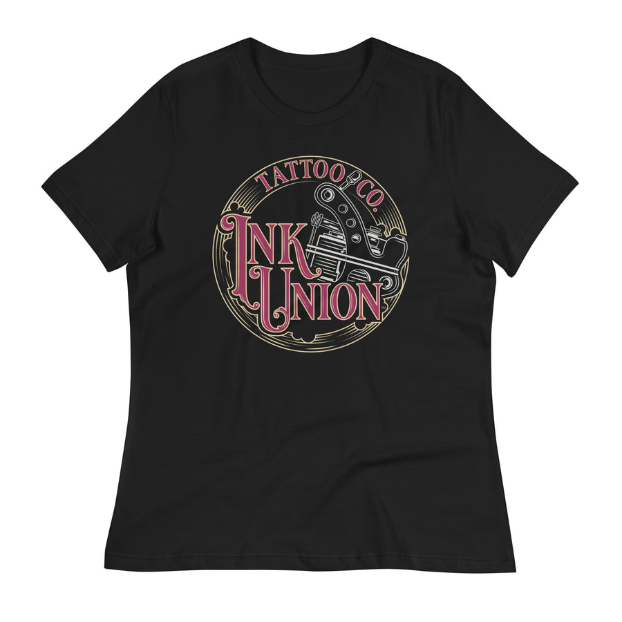 A black t-shirt adorned with the Ink Union Tattoo Co. red and gold with a silver tattoo machine logo.