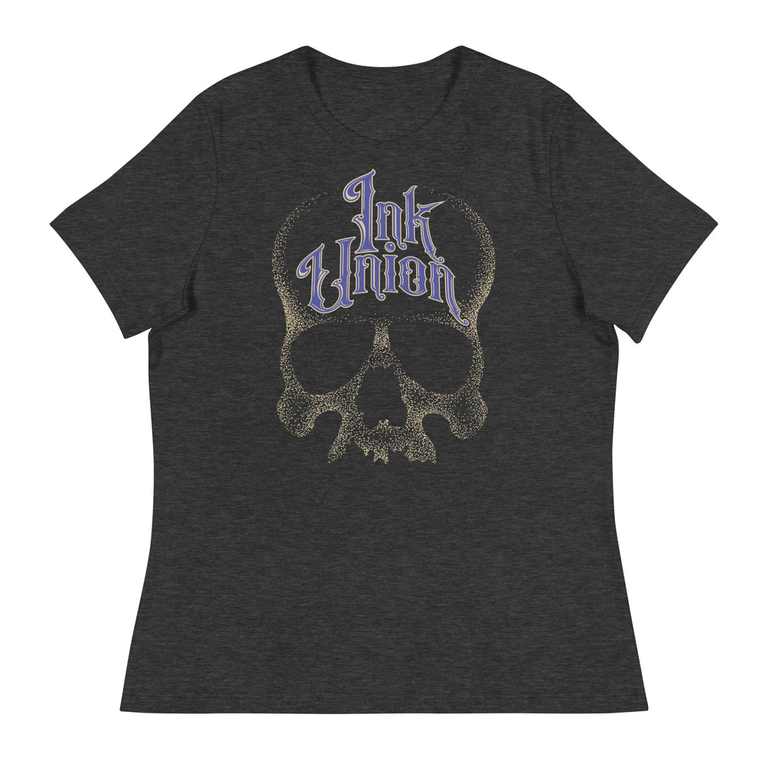A dark grey t-shirt  featuring a large dot work gold skull centered on the shirt and Ink Union in large fancy gold and blue script across the forehead of the skull