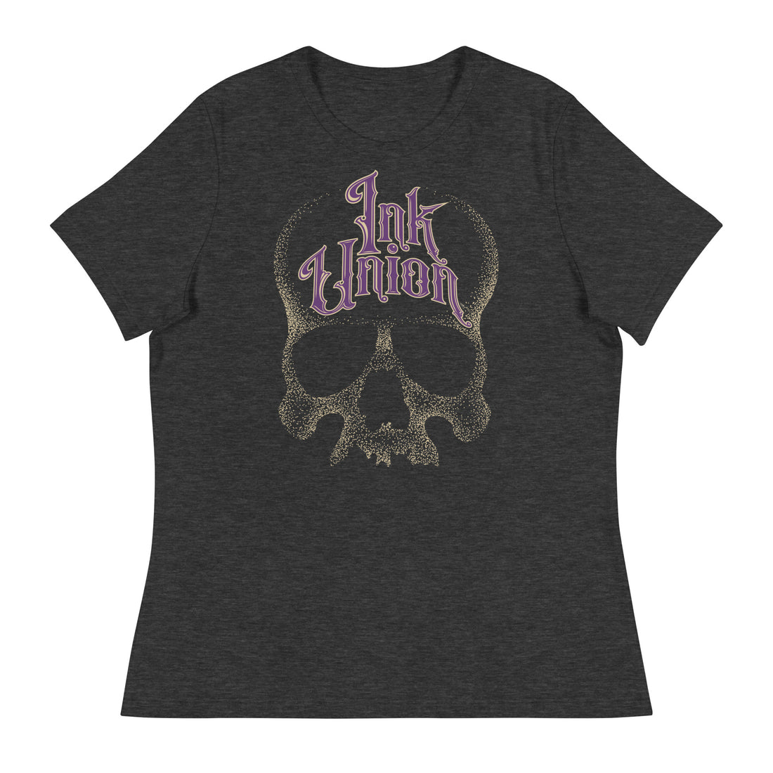 A dark grey t-shirt adorned with a gold dot work human skull  and the words Ink Union in fancy gold and purple lettering across the forehead of the skull.