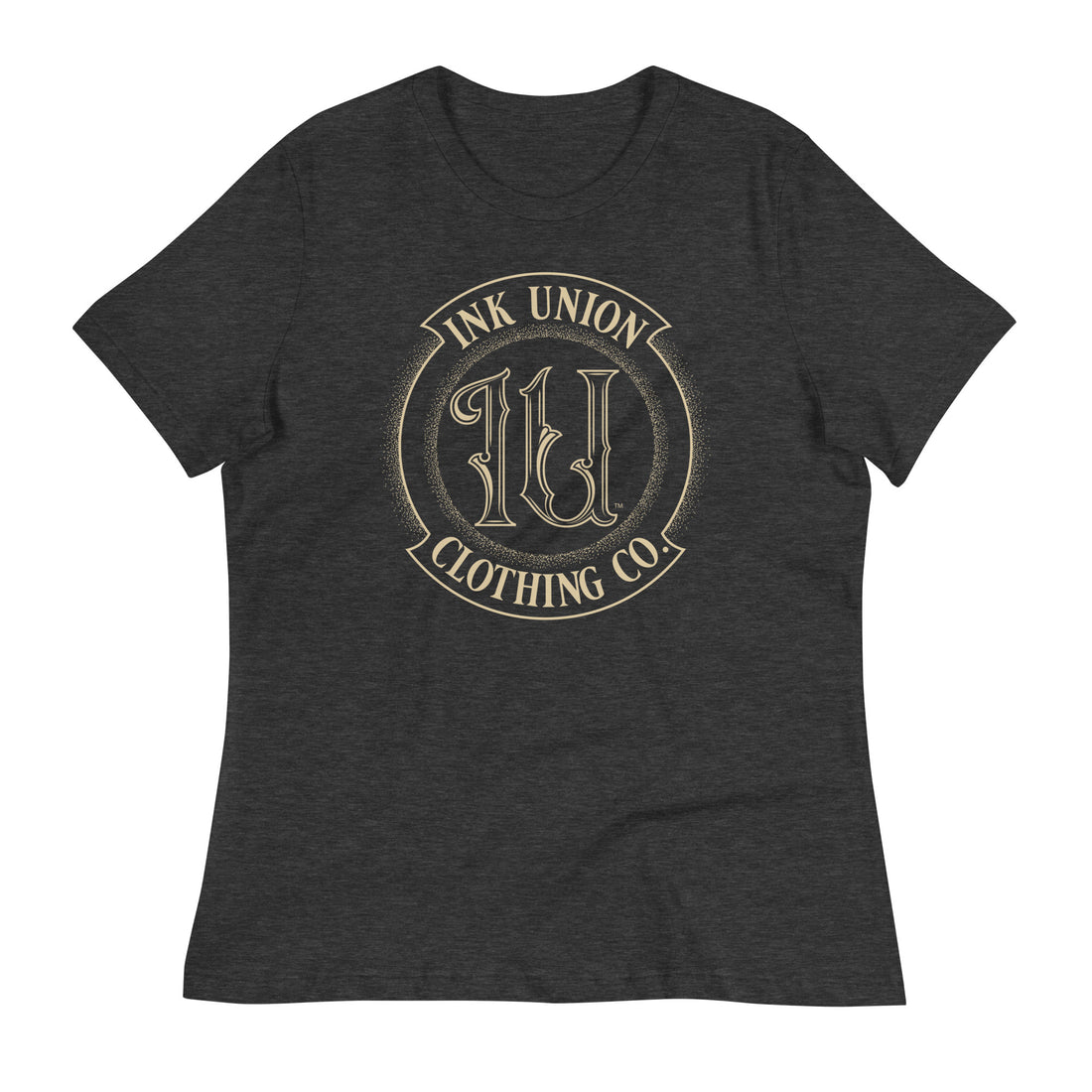 A dark grey t-shirt adorned with the Ink Union Clothing Co gold badge logo containing fancy lettering and dot work gradients.