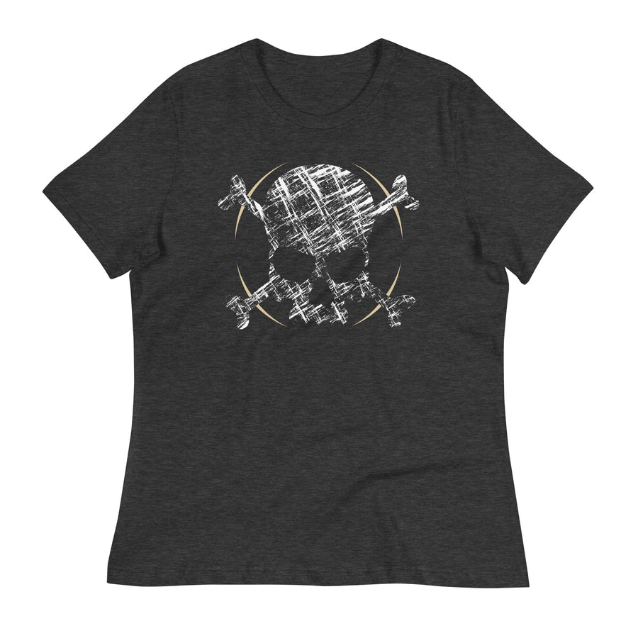 A dark grey t-shirt adorned with a roughly cross-hatched skull and crossbones in white.  Solid gold arcs give the image the impression of movement towards the end of the crossbones.