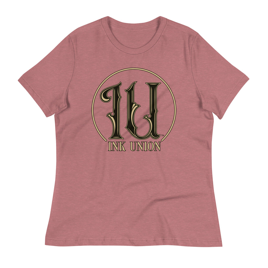 Ink Union Clothing Co. mauve t-shirt featuring the Ink Union ring logo in black and gold.