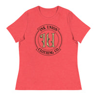A heather red t-shirt with the Ink Union Clothing Co Badge logo in black and gold centered on the front of the shirt.