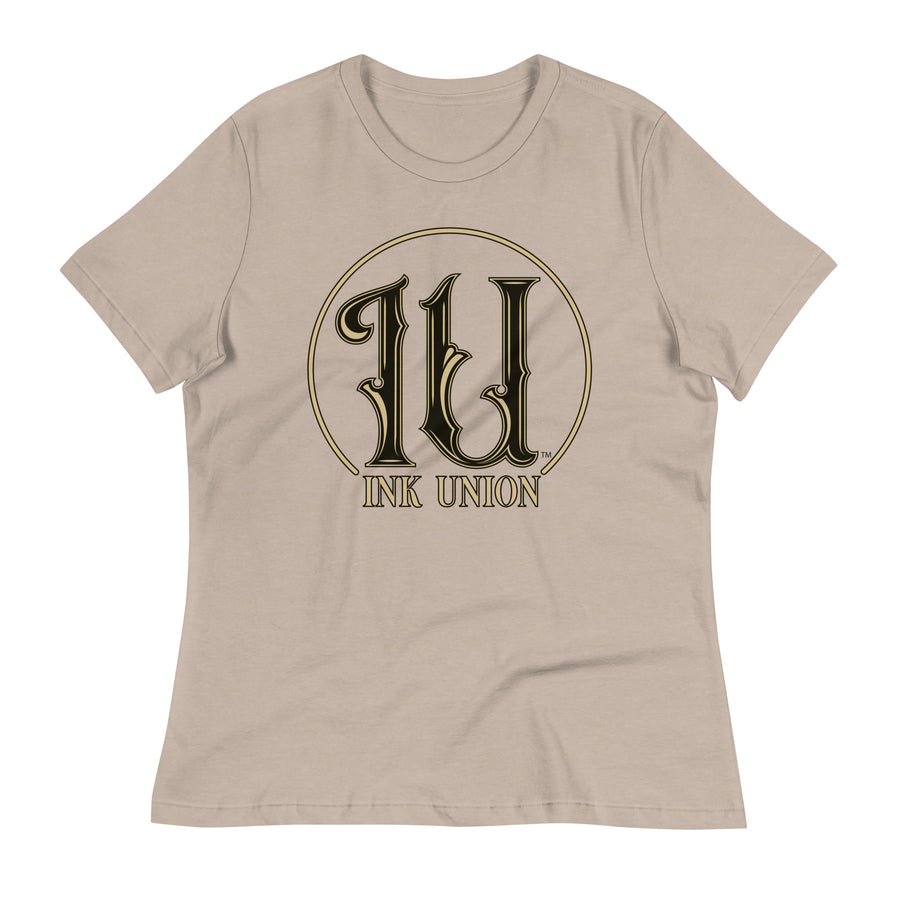 Ink Union Clothing Co. light brown t-shirt featuring the Ink Union ring logo in black and gold.