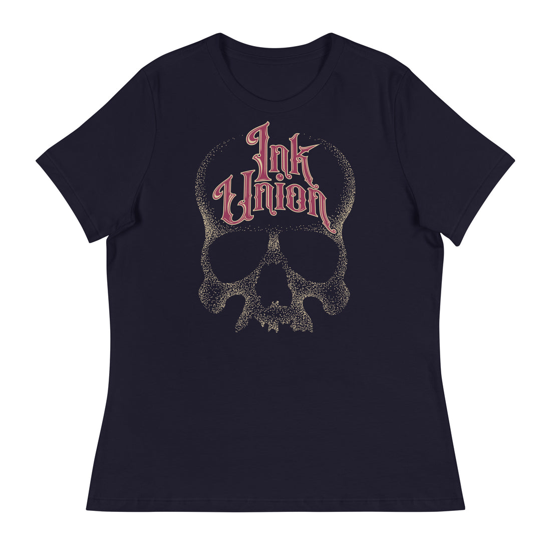 A navy blue t-shirt adorned with a gold dot work human skull  and the words Ink Union in fancy gold and red lettering across the forehead of the skull.