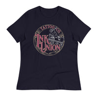 A navy-blue t-shirt adorned with the Ink Union Tattoo Co. red and gold with a silver tattoo machine logo.